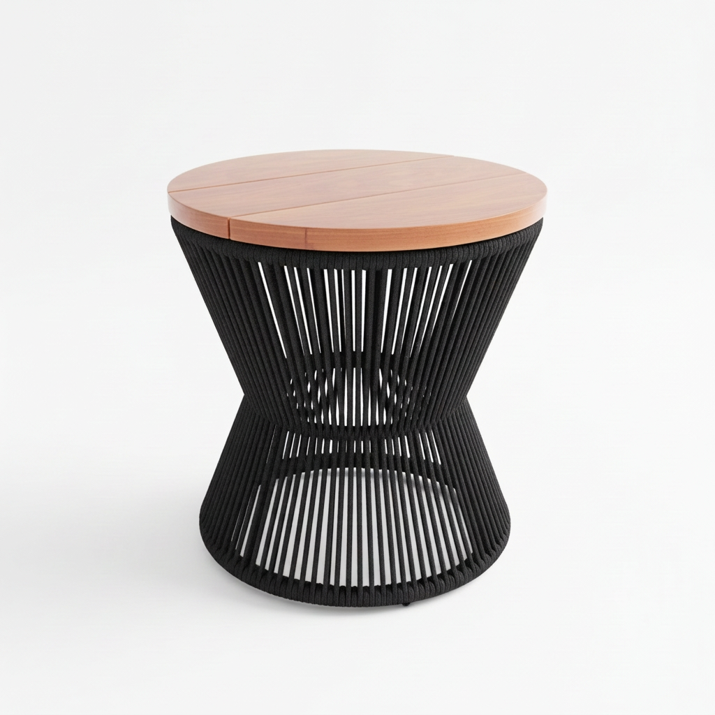 Mesa de Centro Ampulheta Corda Náutica e Tampo Madeira